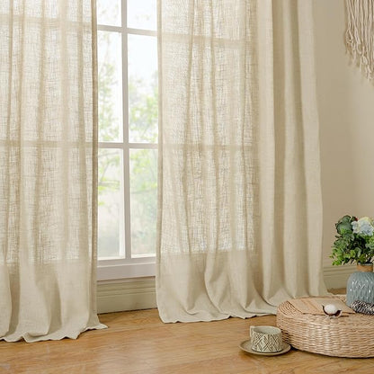 LAMIT 96 inch Linen Curtains for Bedoom, Light Filtering Semi Sheer Panels Back Tab and Rod Pocket Floor to Ceiling Curtains for Living Room, 2 Panels Set, Linen, 52 x 96 Inch