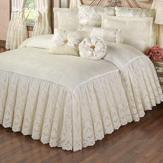 Cameo Lace Luxury Washable Polyester Bedding Set | Vintage Elegant | Pearl | Scroll Leaf Floral Cameo Quilting Embroidered | Set of Three: Cal King Bedspread and Two King Shams