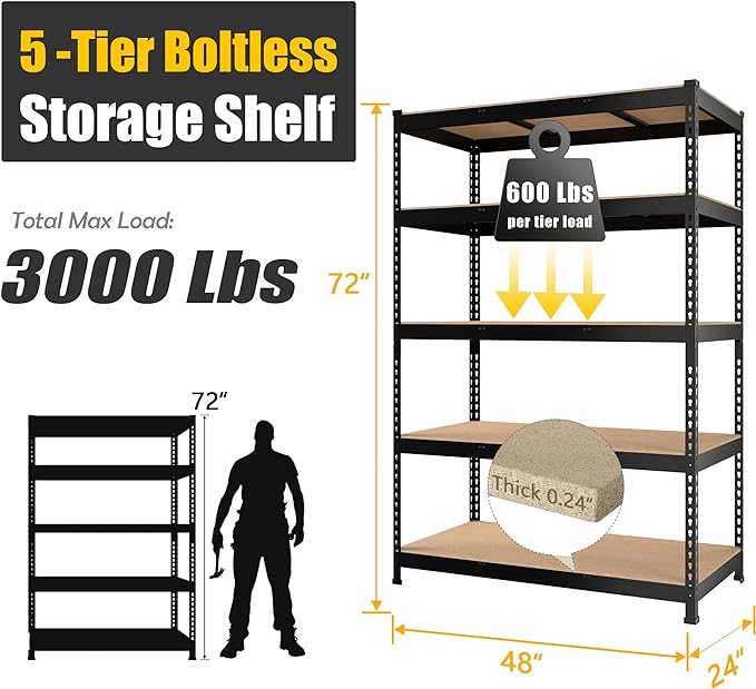 PrimeZone 3 Pack Storage Shelves 48" x 24" x 72", 5 Tier Adjustable Garage - Image 3