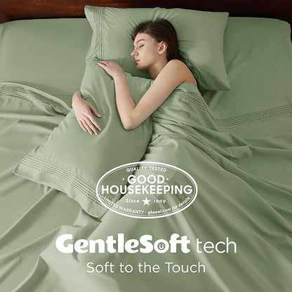 Bedsure Deep Pocket Full Size Bed Sheets Set - Fits Mattresses Up to 21 Inches Thick - 4 Piece GentleSoft Bed Sheets, Moisture Wicking, Cooling Bedsheet & Pillowcases, Easy & Secure Fit, Light Green