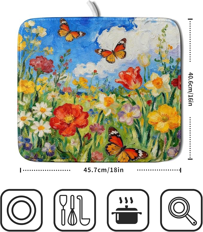 Floral Dish Drying Mat for Kitchen Counter 16x18 Spring Summer Theme Colorful - Image 2