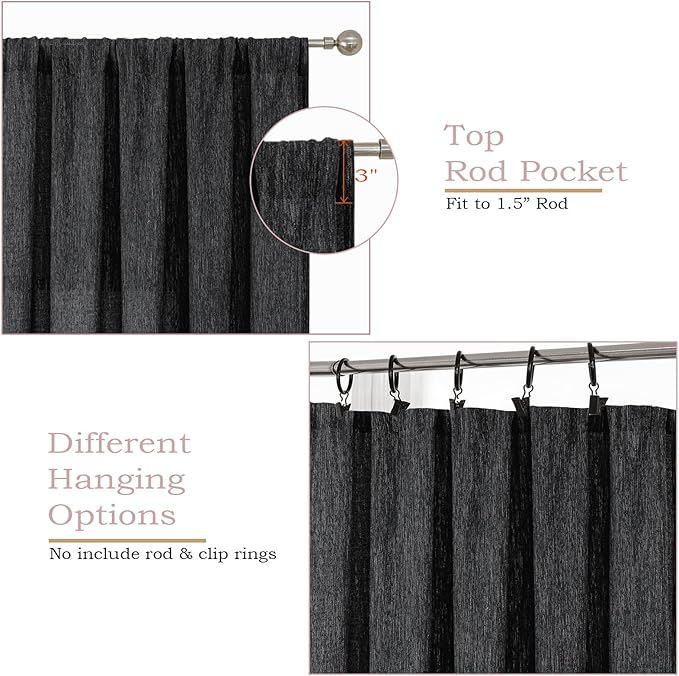Simplebrand Black Semi Sheer Faux Linen Textured 120 Inches Long Curtains 2 Panels Set, Privacy Farmhouse Window Drapes for Living Room/Birthday Party/Hallway Window Guest Room, 10FT, 50 x 120 Inch