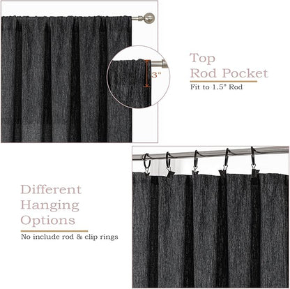 Simplebrand Black Semi Sheer Faux Linen Textured 120 Inches Long Curtains 2 Panels Set, Privacy Farmhouse Window Drapes for Living Room/Birthday Party/Hallway Window Guest Room, 10FT, 50 x 120 Inch