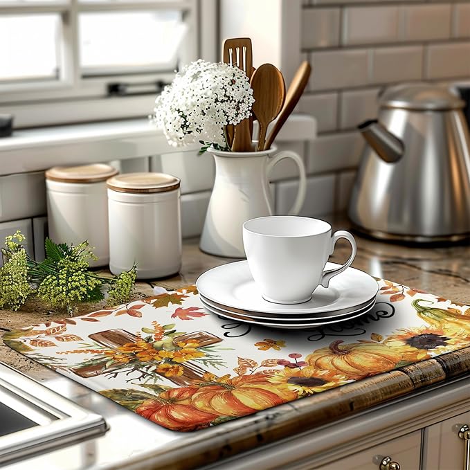 Fall Drying Mat for Kitchen Counter Autumn Thanksgiving Pumpkin Cross Dish Mat - Image 6