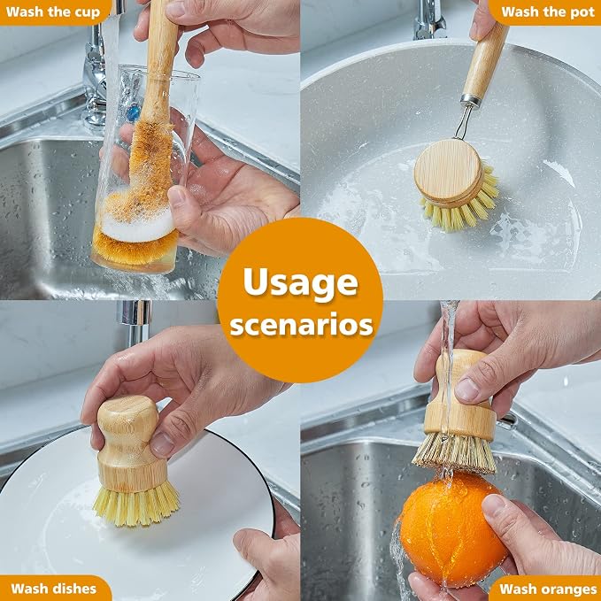 Bamboo Dish Brushes Sets 4 Tools in One Kitchen Clean Dish Scrubber - Image 3