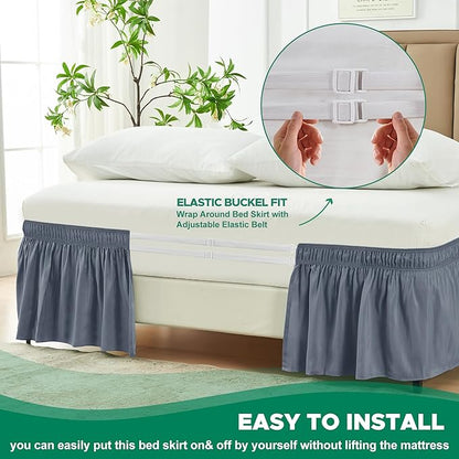 Biscaynebay Wrap Around Bed Skirts for Full & Full XL Beds 15" Drop, Dark Grey Adjustable Elastic Dust Ruffles Easy Fit Wrinkle & Fade Resistant Silky Luxurious Fabric Machine Washable