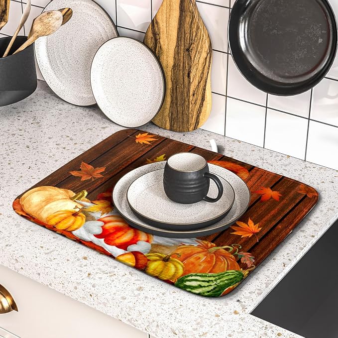 Fall Gnome Dish Drying Mat for Kitchen Counter, Autumn Pumpkin Maple Leaves - Image 5
