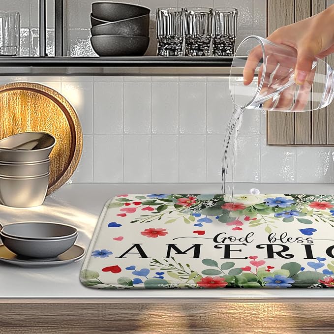 4th of July Patriotic Floral Dish Drying Mat Summer Memorial Day Large Kitchen - Image 4