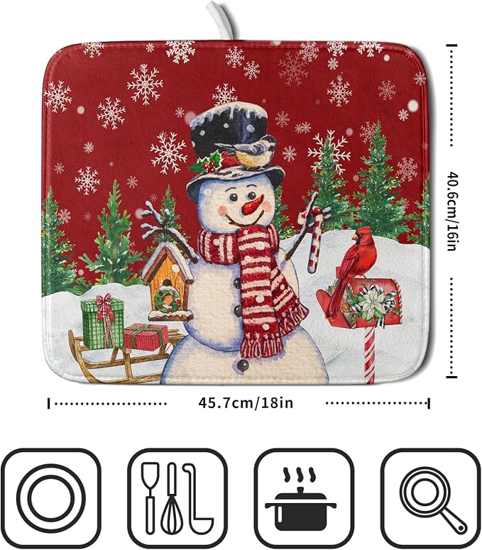 Winter Snowman Dish Drying Mat Red Bird Microfiber Dish Pad 16x18 Inch - Image 2