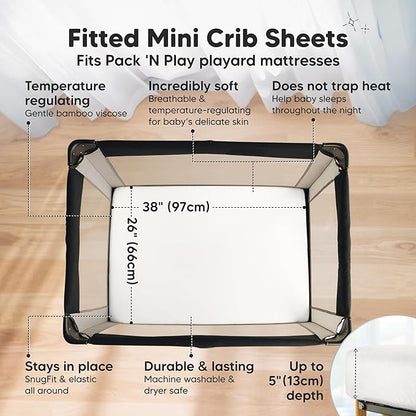Pack and Play Sheets Fitted - 2-Pack Mini Crib Sheets for Pack N Play Mattress 38x26, Soft & Cozy, Neutral Toddler Playard Bedding, Snug Fitted Mini Baby Crib Mattress Cover Boy, Girl (Soft White)