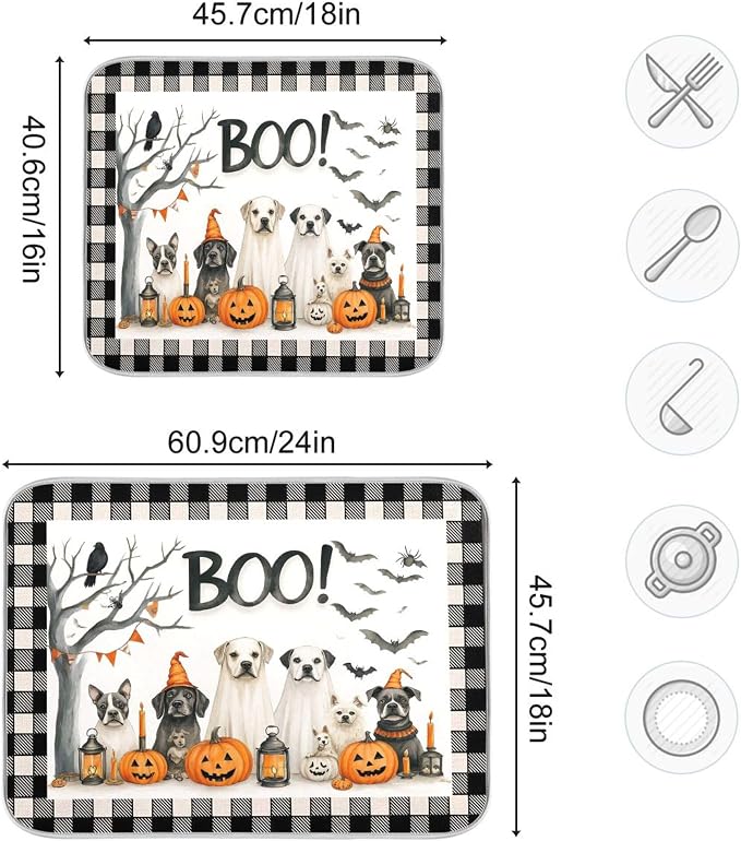 Halloween Dogs Dish Drying Mat for Kitchen Countertop 18x24 Raven Bat Pumpkin - Image 3