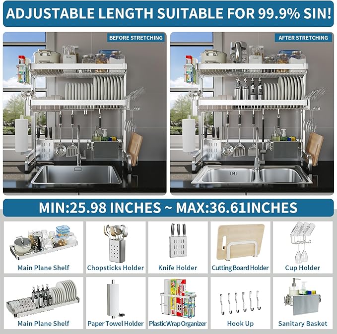 Over The Sink Dish Drying Rack, 3 Tier Adjustable Length Full Stainless Steel - Image 3