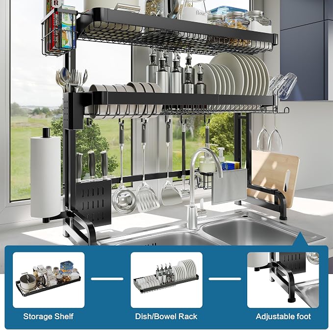Over The Sink Dish Drying Rack, 3 Tier Adjustable Length Full Stainless Steel - Image 5