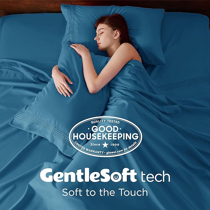 Bedsure Deep Pocket Queen Sheets Set - Fits Mattresses Up to 21 Inches Thick - 4 Piece GentleSoft Bed Sheets, Moisture Wicking, Soft & Cooling Bedsheet & Pillowcases, Easy & Secure Fit, Teal Blue