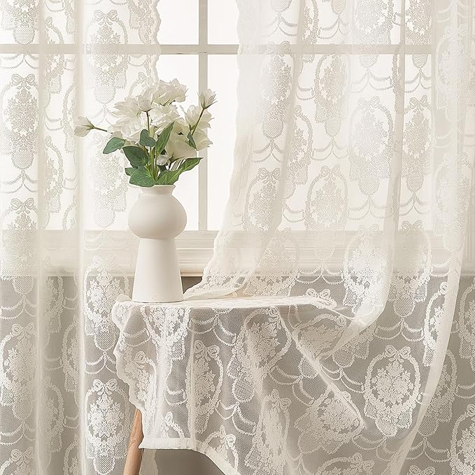 Ivory Vintage Country Floral Lace Sheer Curtains 63 Inches Long -Rod Pocket Light Filtering French Privacy Scalloped Edges Rod Pocket Boho Bedroom ，52 x 63 Inch, 2 Panels