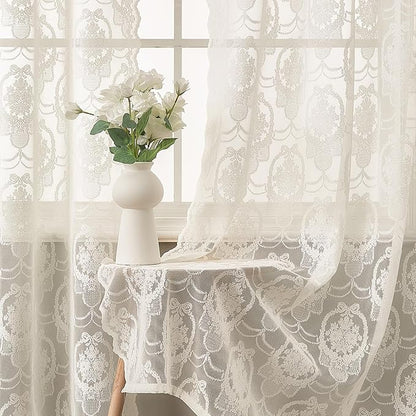 Ivory Vintage Country Floral Lace Sheer Curtains 63 Inches Long -Rod Pocket Light Filtering French Privacy Scalloped Edges Rod Pocket Boho Bedroom ，52 x 63 Inch, 2 Panels