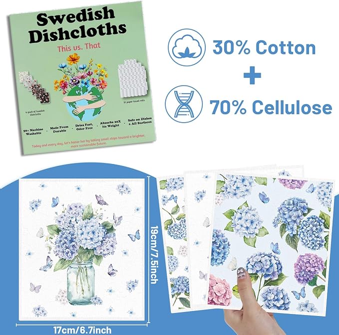 Floral Swedish Dishcloths for Kitchen, 6 Pack Blue Hydrangea Reusable Dish - Image 2