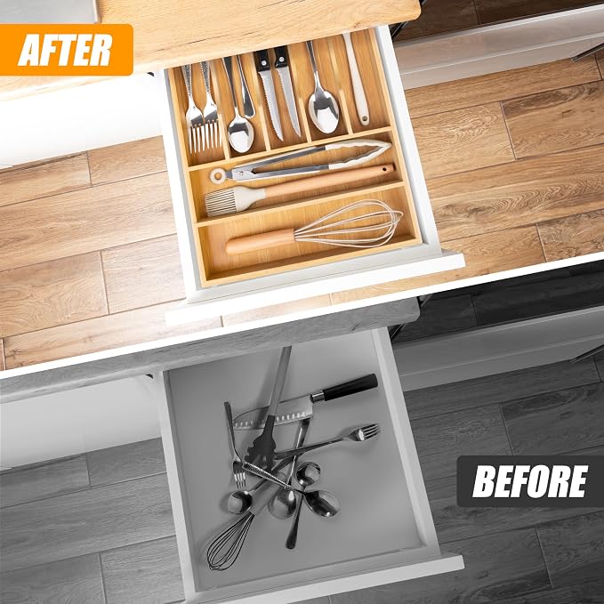 Bellsal Bamboo Silverware Drawer Organizer, Kitchen Utensil Drawer Organizers - Image 2
