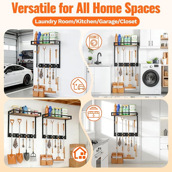 Broom Holder Wall Mount with Shelf Load 66LBS Broom and Mop Organizer Wall - Image 7