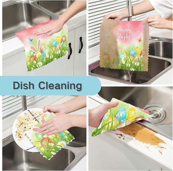 Dish Towels Kitchen Cleaning Cloths Easter Eggs in The Grass - Image 2