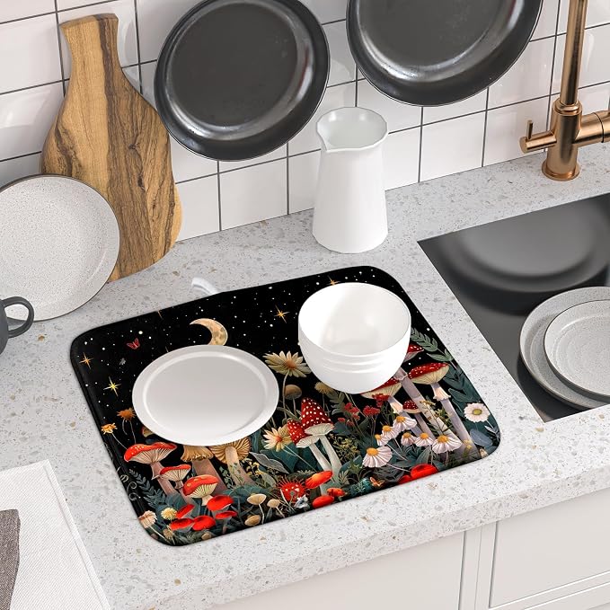 Black Mushroom Dish Drying Mat for Kitchen Counter Leaves Botanical Microfiber - Image 6