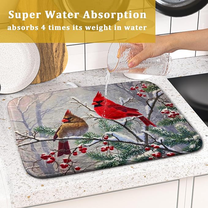 Red Bird Dish Drying Mat Merry Christmas Dishes Pad Absorbent Fast Dry Dish - Image 7
