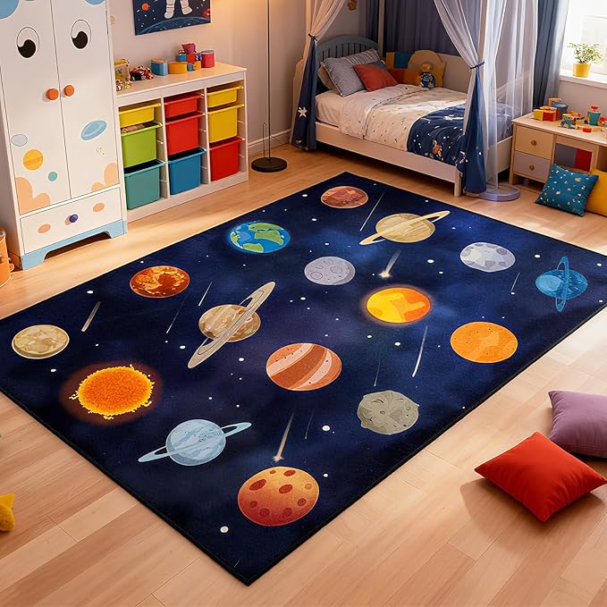 Kids Play Rugs 5'x7' Kids Rugs for playroom, Kid Educational Rug Classroom Rug, Space Planet Rug Space Planet Theme Play Mat for Living Room Dining Room Classroom Decor