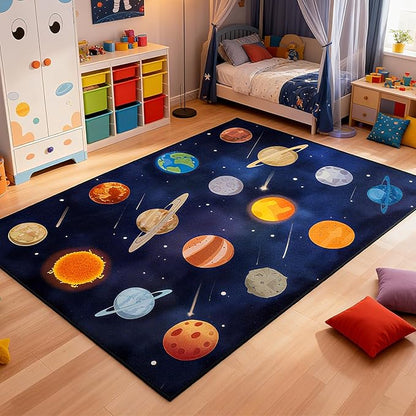 Kids Play Rugs 5'x7' Kids Rugs for playroom, Kid Educational Rug Classroom Rug, Space Planet Rug Space Planet Theme Play Mat for Living Room Dining Room Classroom Decor