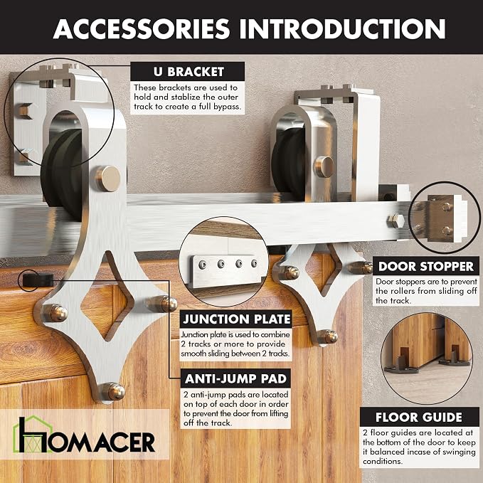 Homacer Brushed Nickel Double Track U-Shape Bypass Sliding Barn Door Hardware - Image 7
