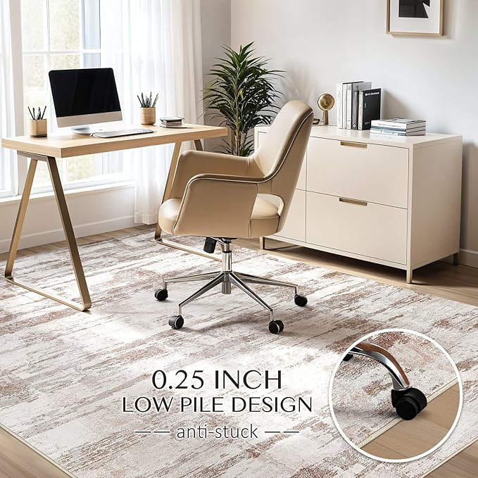 Abstract Living Room Rug 8x10 - Modern Washable Soft Thin Area Rug for Living Room Bedroom Under Dining Table - Neutral Indoor Floor Rug Carpets for Home Office Playroom Nursery - Light Brown