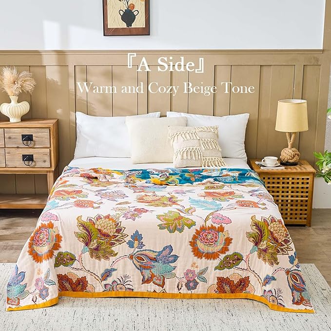 Summer Throw Blanket for Bed, 50"x60" Boho Throw Blankets 100% Cotton Quilts Farmhouse Decoration Warm Soft Blanket Muslin Bed Blankets for Couch Chair