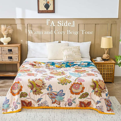 Summer Throw Blanket for Bed, 50"x60" Boho Throw Blankets 100% Cotton Quilts Farmhouse Decoration Warm Soft Blanket Muslin Bed Blankets for Couch Chair