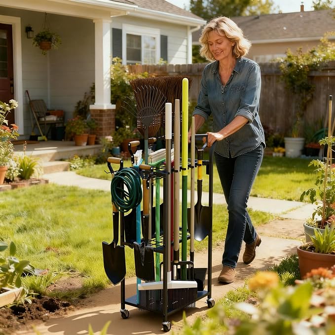 Garden Tool Organizer with Wheels, Heavy Duty Rolling Yard Tool Rack with 14 by Faesun