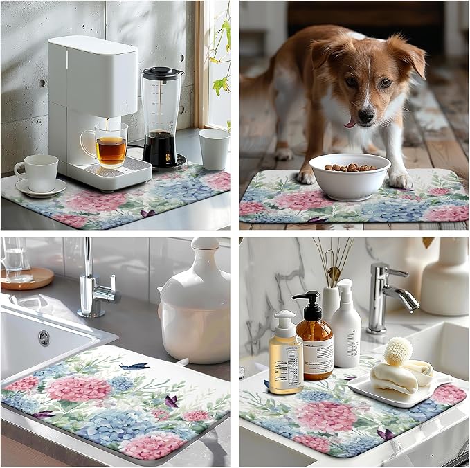 Spring Flowers Dish Drying Mat for Kitchen Counter Blue Pink Hydrangea Floral - Image 7