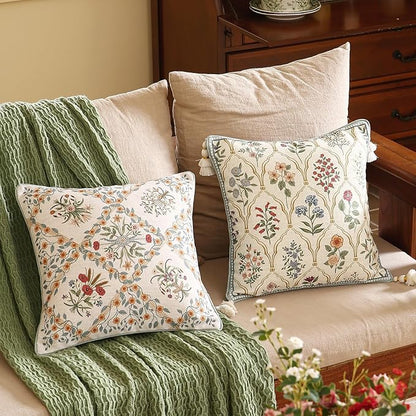 ISAENNE Design Linen Throw Pillow Covers 18"x18" Pack of 2, Square Farmhouse Cushion Covers with Yellow Purple Watercolor Wildflower Pattern Decor Pillowcases for Bed,Living Room,Outdoor,Car