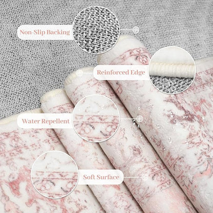 LIVEBOX Washable Runner 2x6 - Oriental Floral Kitchen Rug, Long Entryway, Low-Pile Vintage for Bedroom, Non-Skid Soft Carpet Throw for Bathroom Laundry Room Hallway Pink