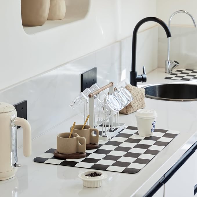 Checkered Dish Drying Mat for Kitchen Counter, Coffee Bar Station Accessories by Ohocut