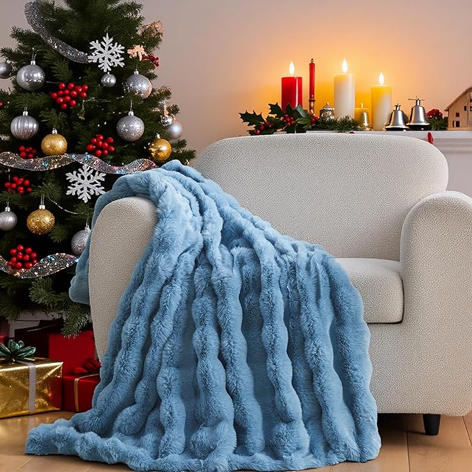 Lotus Karen Fuzzy Throw Blanket Blue - Big Bubble Faux Rabbit Fur Blanket for Couch,Softest Cozy Fluffy Blanket,Thick Furry Plush Shaggy Warm Blankets for Women,50x60 Inches