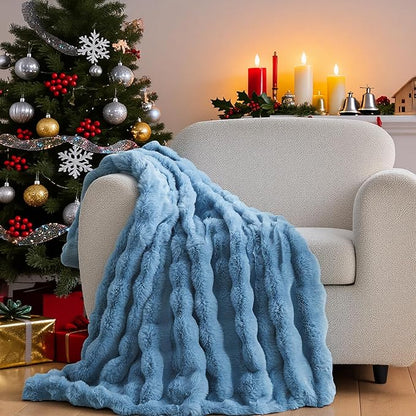 Lotus Karen Fuzzy Throw Blanket Blue - Big Bubble Faux Rabbit Fur Blanket for Couch,Softest Cozy Fluffy Blanket,Thick Furry Plush Shaggy Warm Blankets for Women,50x60 Inches