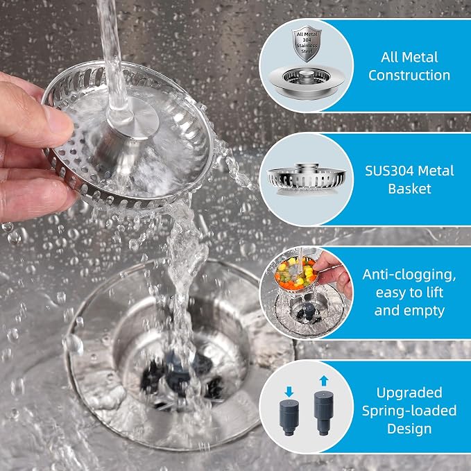 Hibbent All Metal Stainless Steel 3 in 1 Kitchen Sink Drain Strainer, Upgraded - Image 3