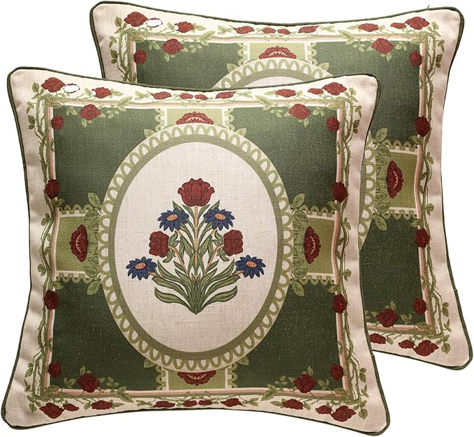 ISAENNE Design Linen Square Throw Pillow Covers 18"x18" Pack of 2, Yellow Green French Cushion Covers with Red Rose Floral Pattern Decoration Pillowcases for Bed, Living Room, Outdoor, Car