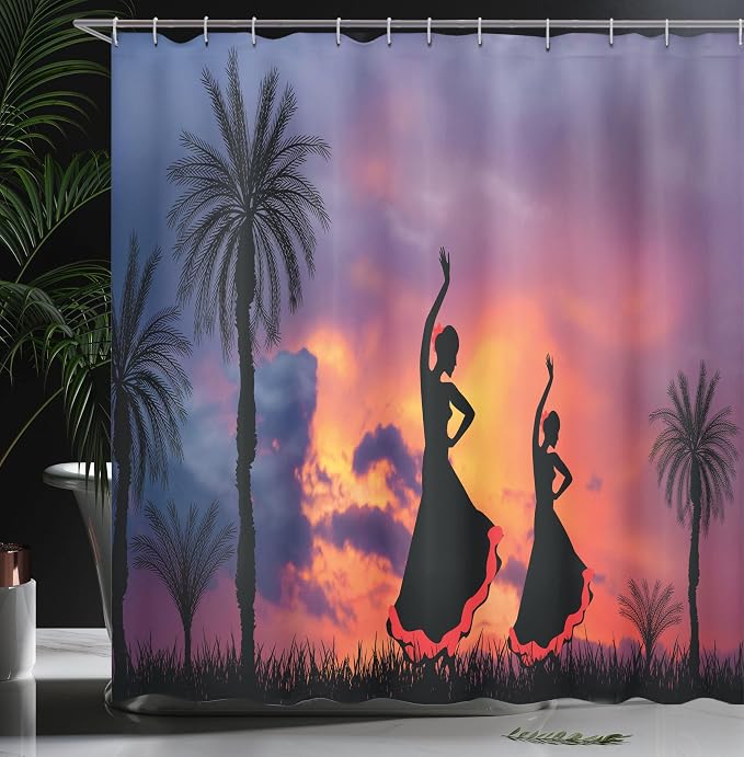 Ambesonne Spanish Shower Curtain, Silhouette of 2 Girls Dancing Flamenco - Image 3