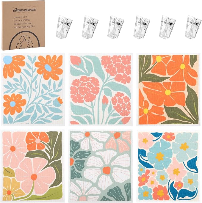 6 Pack Swedish Dishcloths for Kitchen, Abstract Floral Swedish Rags Dish Towels by Needbrock