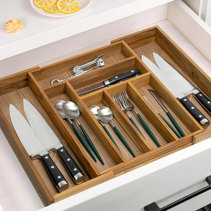 VaeFae Teak Drawer Organizer, Large Silverware Organizer, Expandable Utensil - Image 2