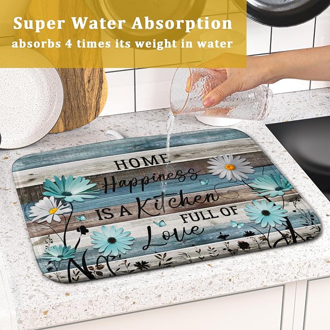 Daisy Floral Dish Drying Mat 16x18 Inches Rustic Wood Microfiber Absorbent - Image 7