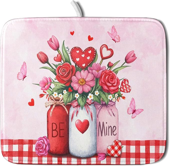 Rose Vase Dish Drying Mat 16x18 inch Romantic Floral Washable Absorbent Dish by Giwawa