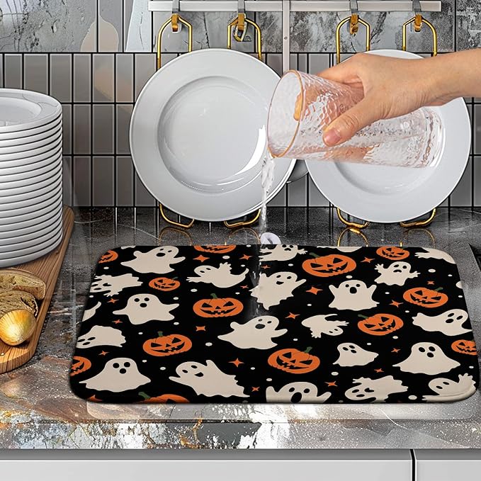 Halloween Dish Drying Mat for Kitchen Counter Pumpkin Spooky Ghosts Fall Dish - Image 5