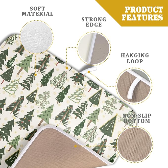 Christmas Dish Drying Mat for Kitchen Counter 16x18 Green Xmas Tree Block Print - Image 4