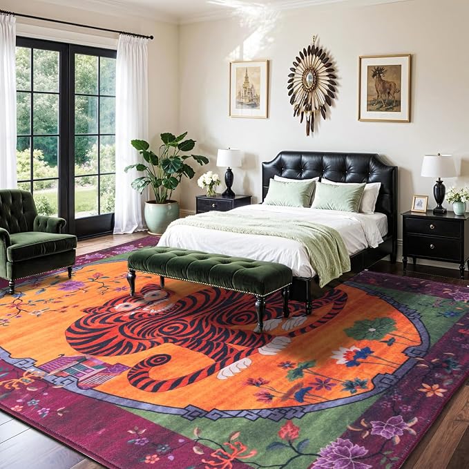 Vintage Tiger Rug Washable 6x9 Oriental Traditional Animal Print Fuchsia Floral - Image 4