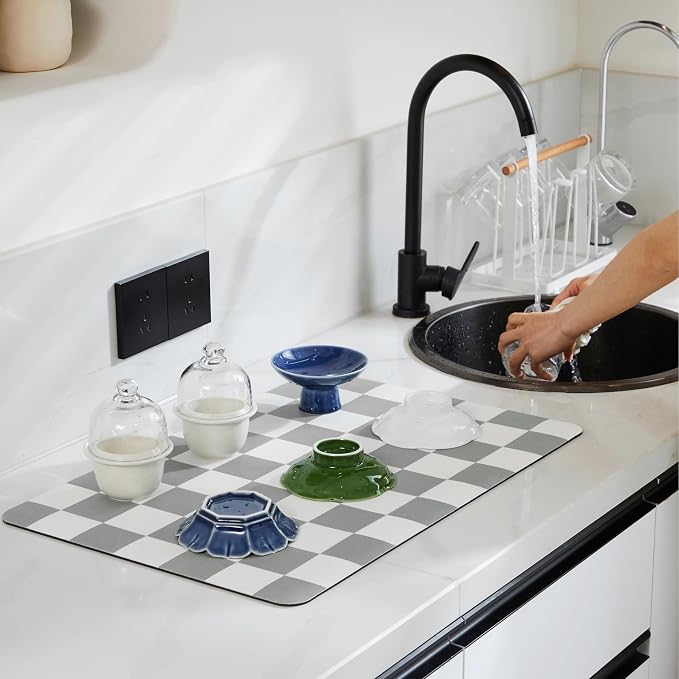 Checkered Dish Drying Mat for Kitchen Counter, Coffee Bar Station Accessories - Image 2